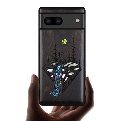 Carveit Wooden Case for Pixel 8, Dark Wood Falls Landscape