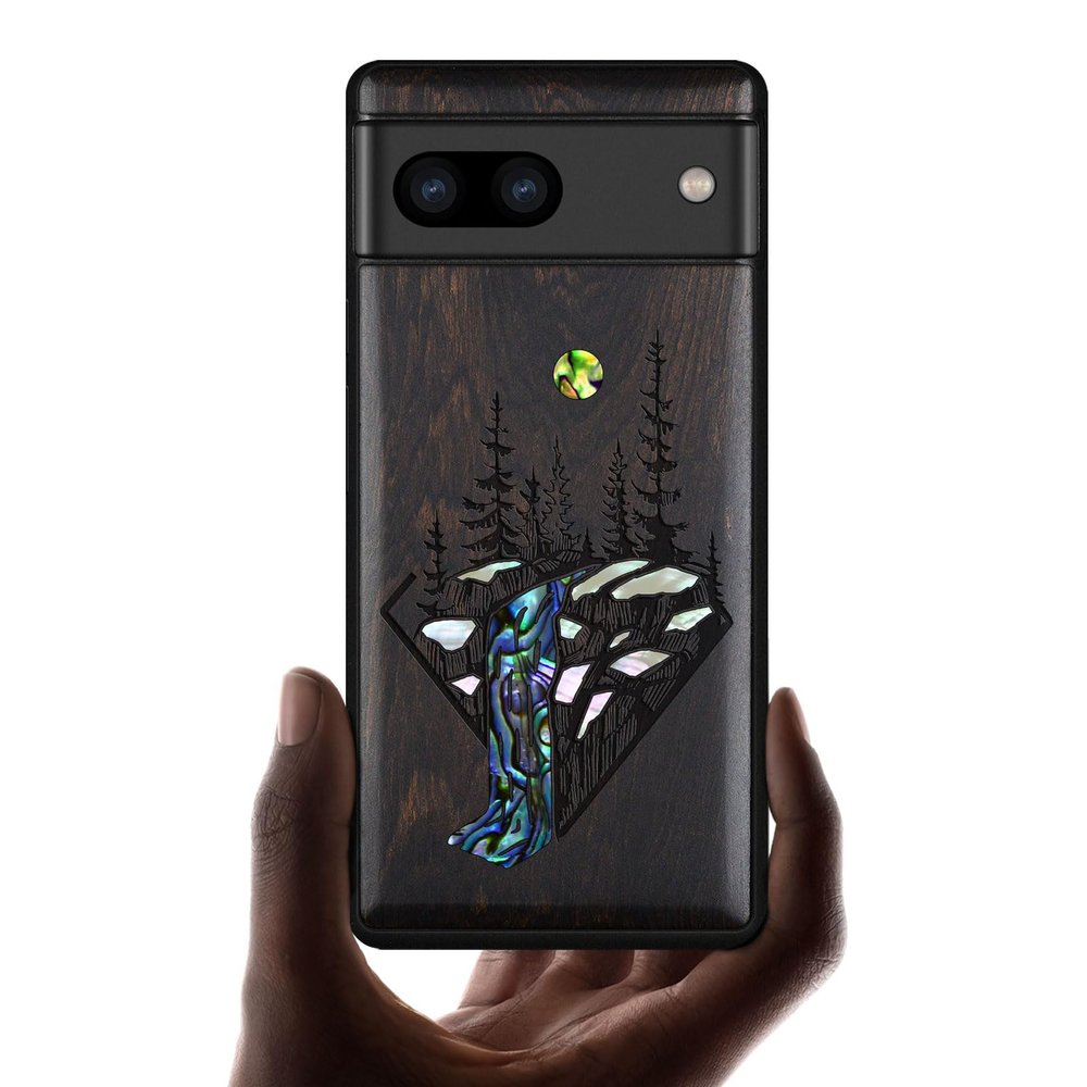 Carveit Wooden Case for Pixel 8, Dark Wood Falls Landscape