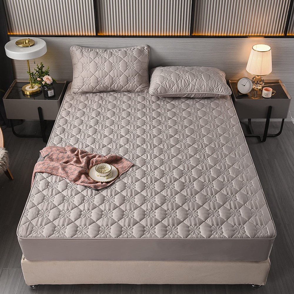 FCLDESHOP Breathable Solid-Color Thick Quilted Fitted Sheet, Pure Cotton, Anti-Slip Mattress Cover, Gray 2,200 x 220 cm + 30 cm (3 Pieces)