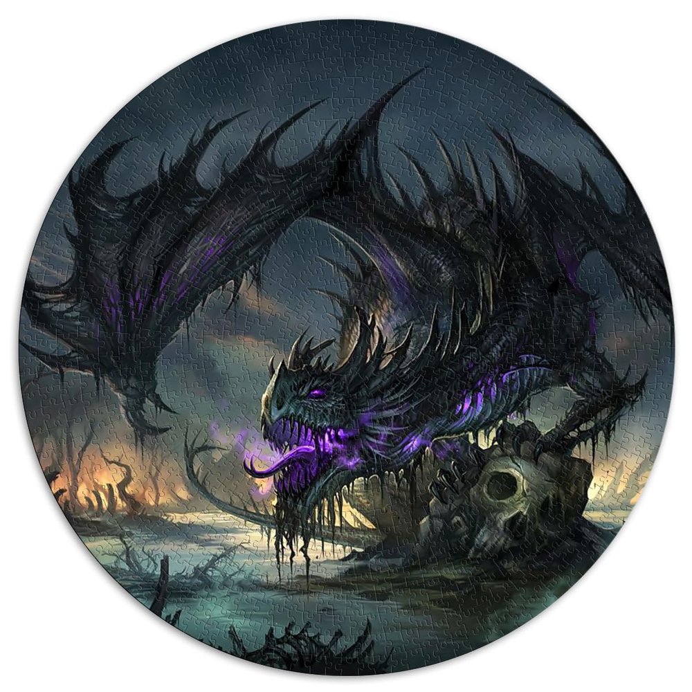1000-Piece Extra-Large Black Swamp Dragon Spherical Jigsaw Puzzle, Recycled Cardboard, 67.5 x 67.5 cm