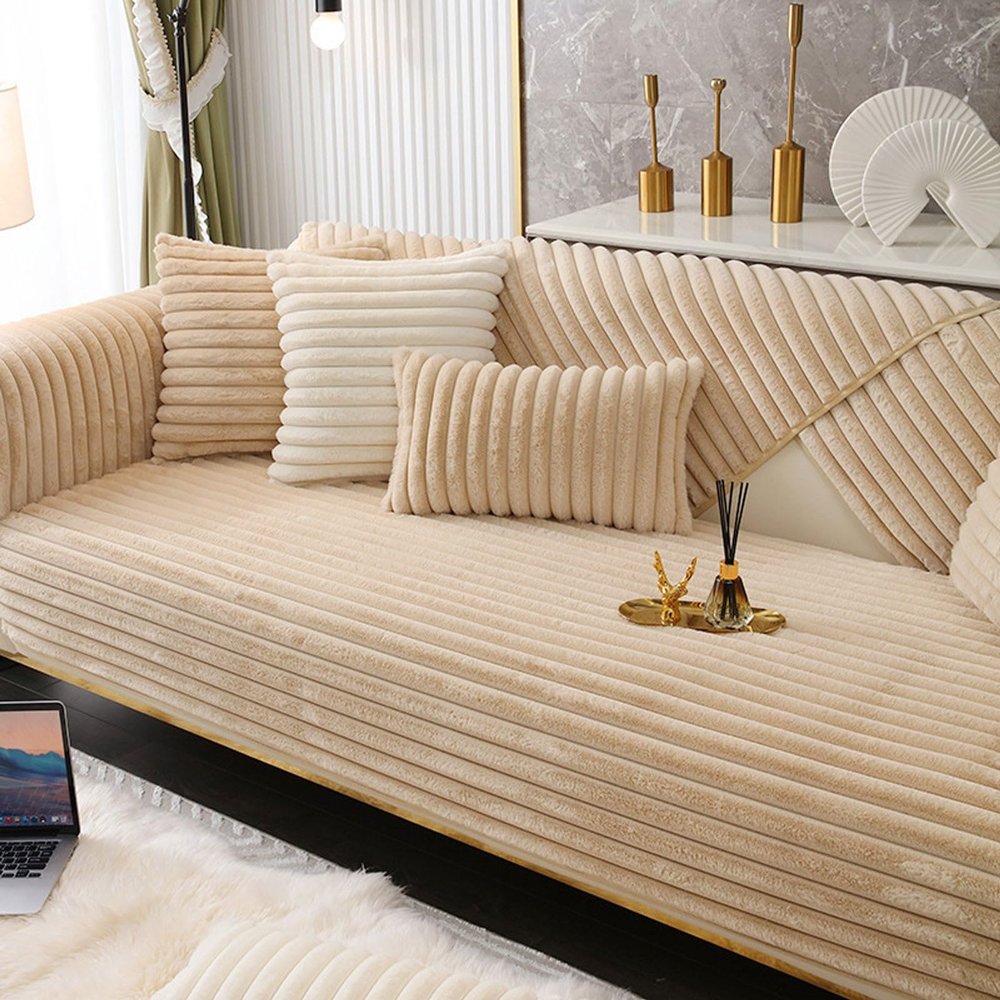 Plush Sofa Cover for 1/2/3/4-Seater Sofas, White, Non-Slip