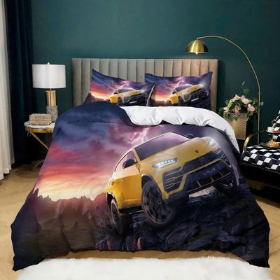 WHUOEUCO Yellow Sports Car Duvet Cover Set, 135 x 200 cm