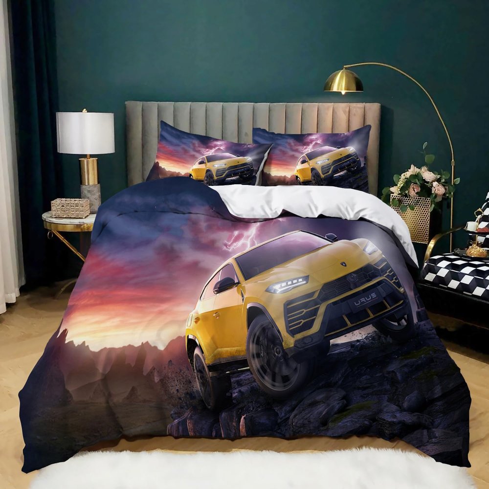 WHUOEUCO Yellow Sports Car Duvet Cover Set, 135 x 200 cm