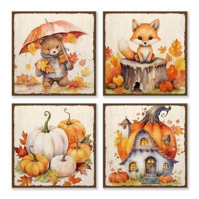 ARTFAVES Sign Set – Autumn Watercolor Children 1, Vintage Wooden Wall Art, 19 x 19 cm