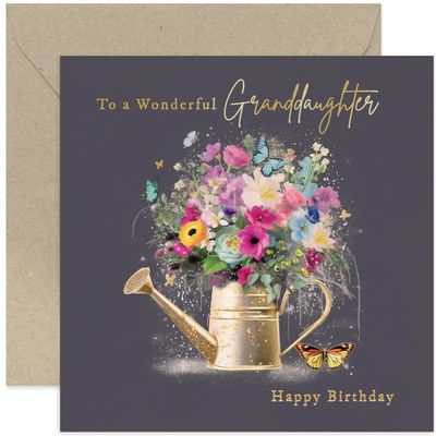 Old English Co. Birthday Card for Granddaughter, “Wonderful Granddaughter” Watering Can Design with Gold-Foil Butterflies and Colorful Flowers