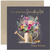 Old English Co. Birthday Card for Granddaughter, “Wonderful Granddaughter” Watering Can Design with Gold-Foil Butterflies and Colorful Flowers view 1