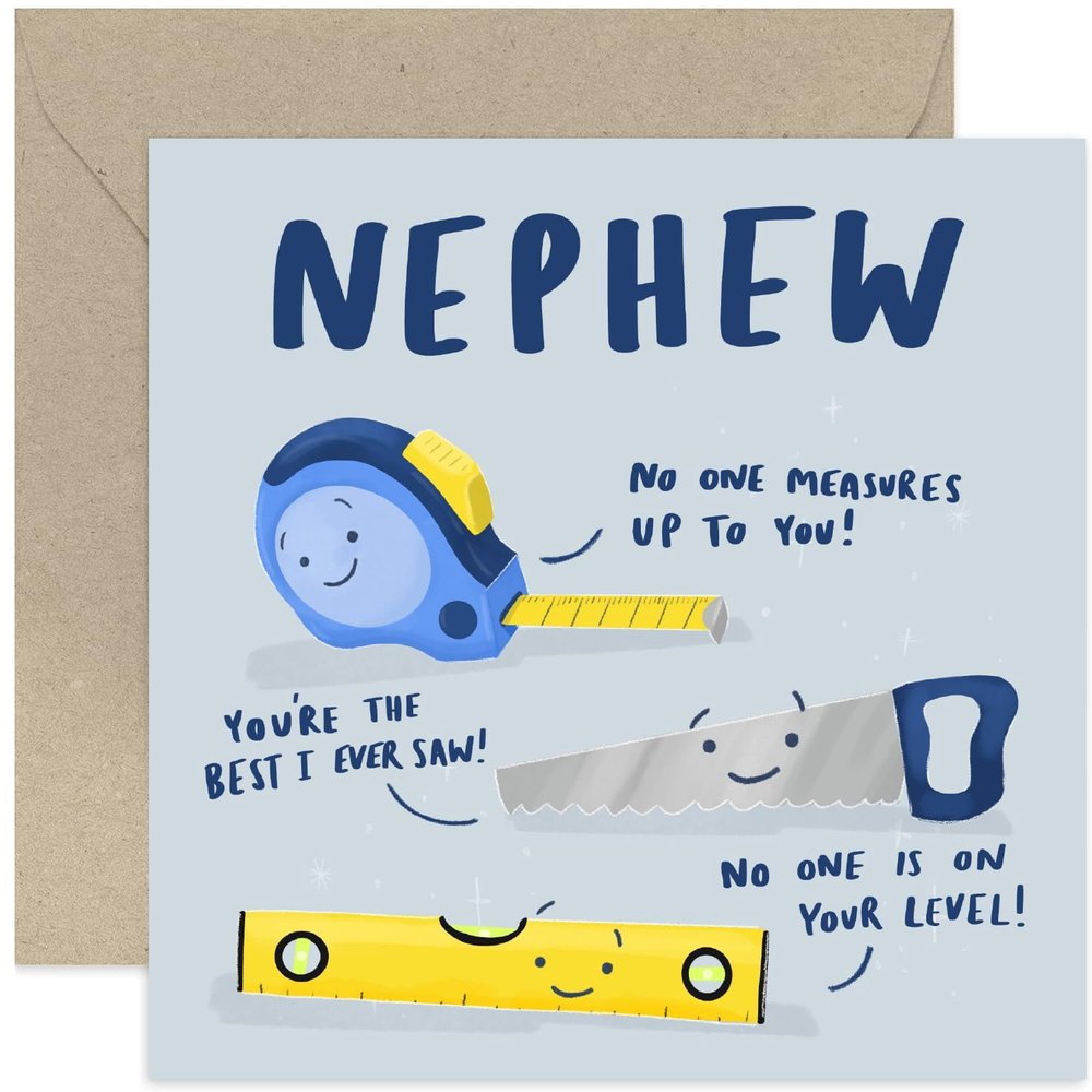 Old English Co. “No One Measures Up To You” Card for Nephew | Funny Birthday Card for Him | DIY Tools Pun Card | Blank Inside