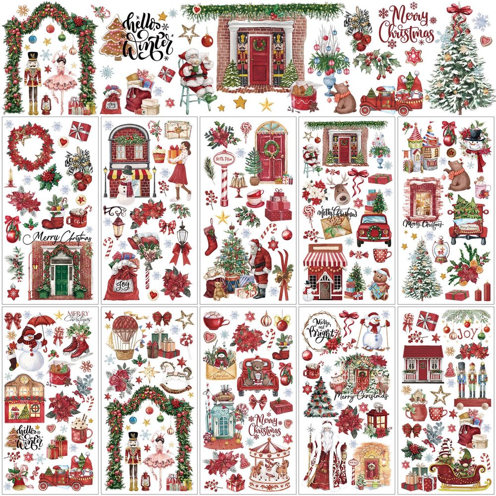 Lincia 10-Sheet Christmas Transfer Stickers for Crafts and Furniture, Snowman, Vintage Reindeer and Gnome, 15 x 30 cm (Casual)