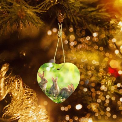 Funny Rabbit Printed Heart Ceramic Christmas Ornament