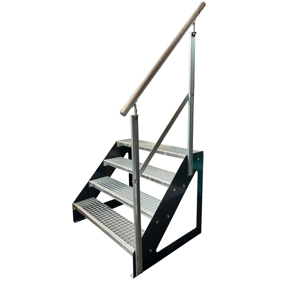 Kaminbau Mierzwa Premium Freestanding Steel Staircase, Right-Side Galvanized Railing/Stringers, Anthracite RAL 7016, 4 Galvanized Grating Steps, 1200 mm Wide, 76 cm High