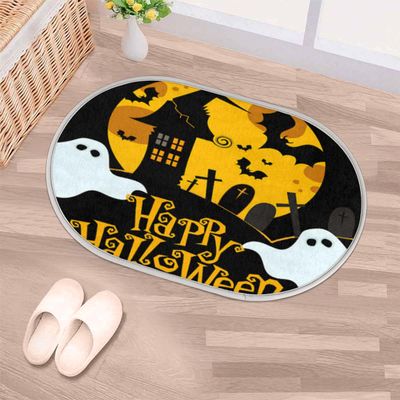 Happy Halloween Oval Door Mat, Plush Shaggy Small Area Rug, 16 x 24 in, Soft Absorbent, Washable, Non-Slip Floor Carpet