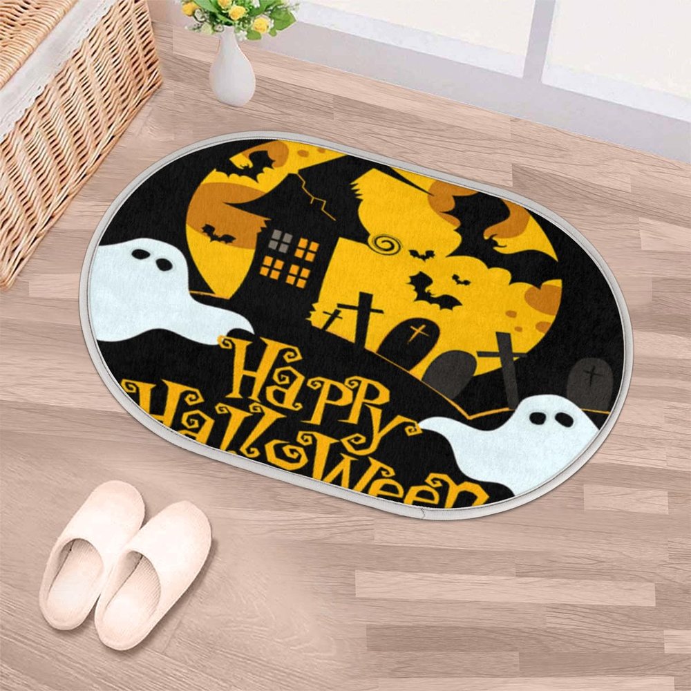 Happy Halloween Oval Door Mat, Plush Shaggy Small Area Rug, 16 x 24 in, Soft Absorbent, Washable, Non-Slip Floor Carpet