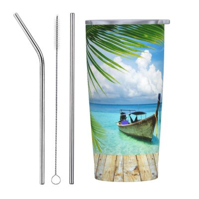 LAMAME Seaside Boat Coconut Leaves Printed Stainless Steel Insulated Mug with Lid and Straw
