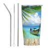 LAMAME Seaside Boat Coconut Leaves Printed Stainless Steel Insulated Mug with Lid and Straw view 1