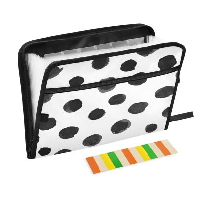 A4 Accordion File Folder with 13 Compartments and Zipper, Black/White Watercolor Dot