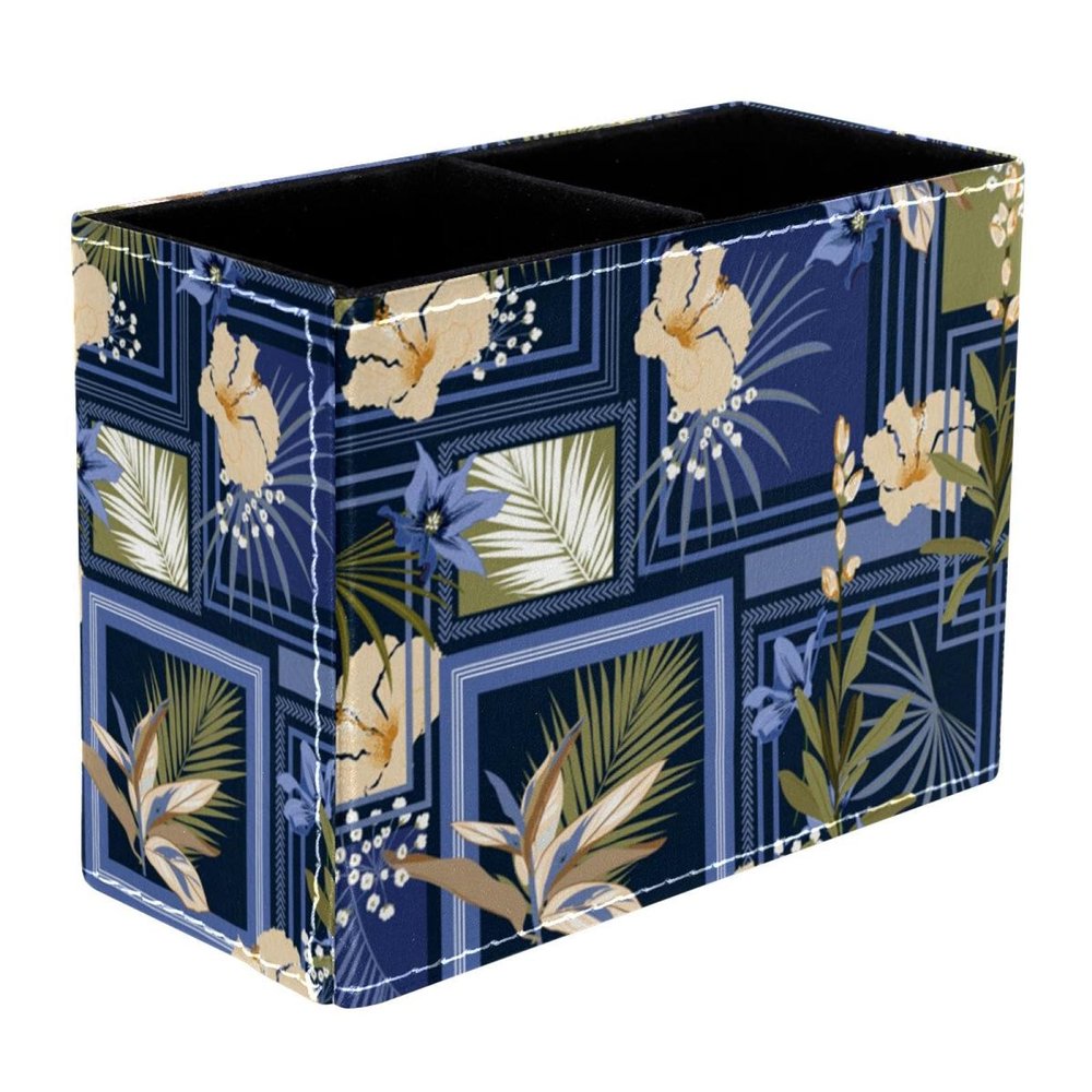 VAPOKF Square Pen Holder with Floral Design, Blue Background, 2 Compartments