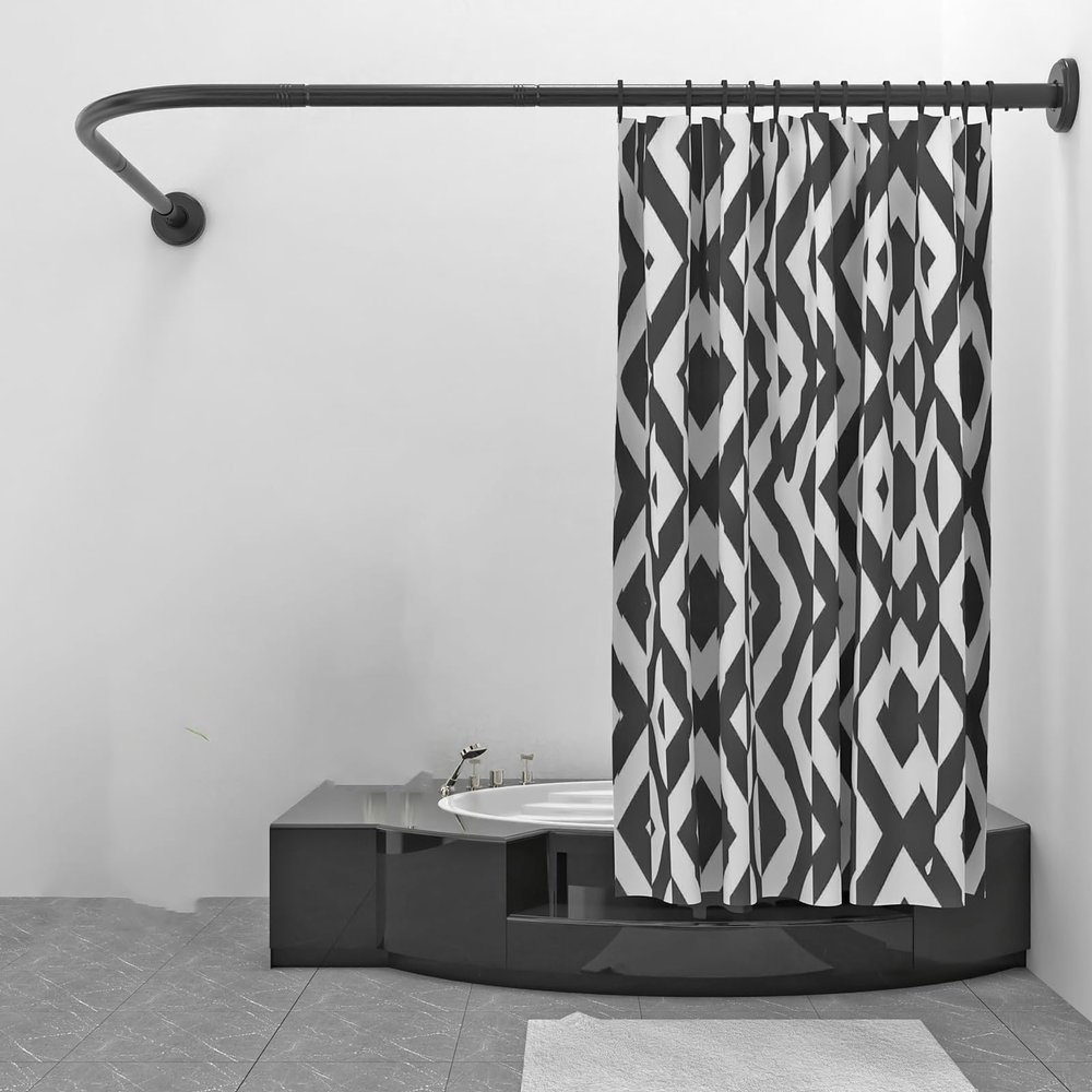 L-Shaped Corner Shower Curtain Rod, Black, Adjustable, No-Drill