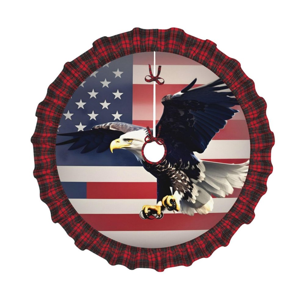 3D Christmas Tree Skirt with Flying Bald Eagle and American Flag Design