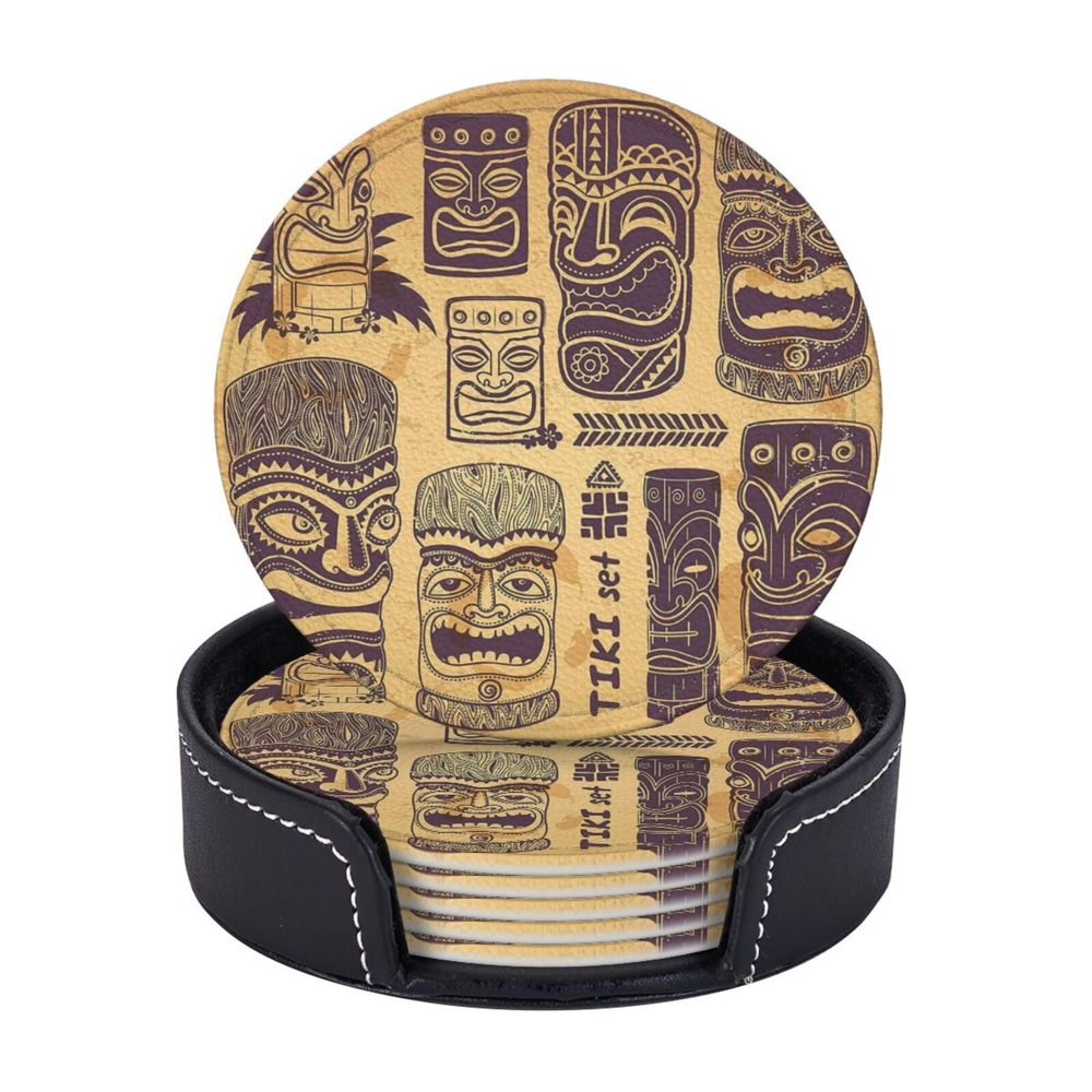 Set of 6 Vintage Aloha Tiki Leather Coasters