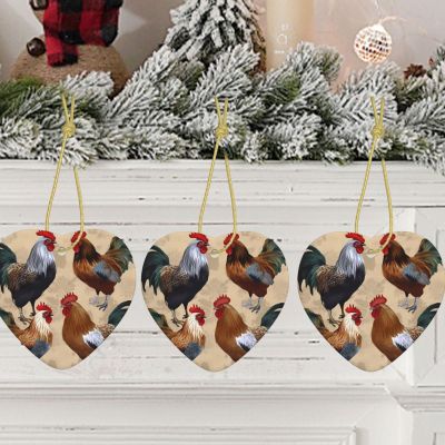 Ceramic Christmas Heart Ornament with Rooster and Chicken Print
