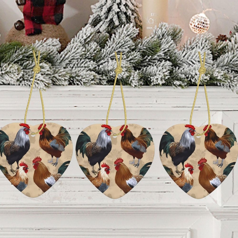 Ceramic Christmas Heart Ornament with Rooster and Chicken Print