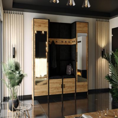 KIER FURNITURE Wardrobe with Upholstered Seat and Panels, Craft Golden Oak/Black Fabric, 106.4 x 205 x 39 cm
