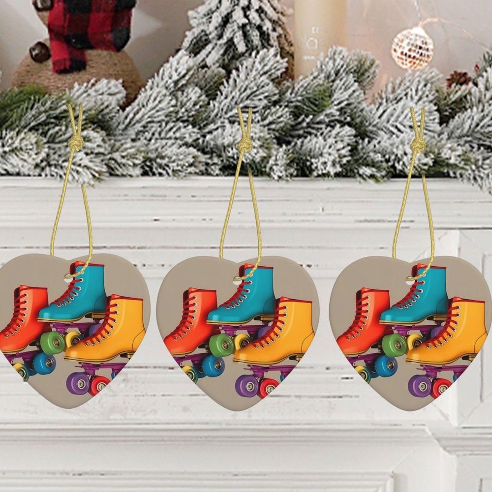 Personalized Ceramic Christmas Heart Ornament with Retro Roller Skates