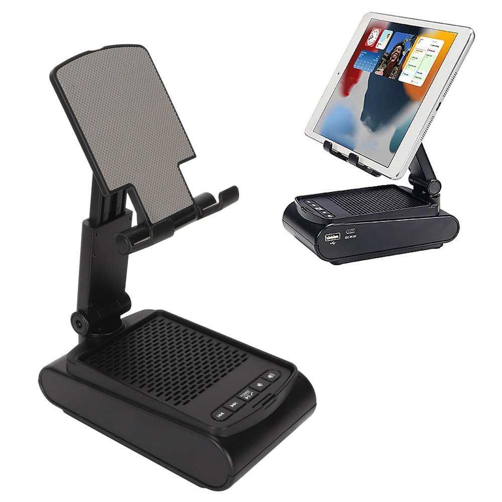 F25 Phone Stand with Wireless Bluetooth Speaker, Non-Slip Base, Foldable Adjustable Holder, Charger, HD Surround Sound