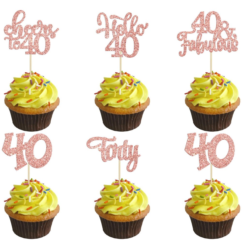 Happy 40th Birthday Rose Gold Glitter Cupcake Toppers, 30-Piece Set