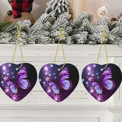 Purple Butterfly Ceramic Heart Christmas Ornament