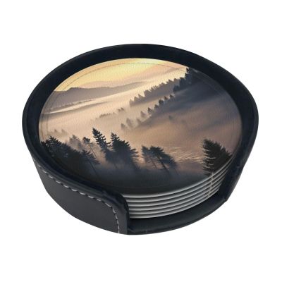 Dawn After Rain with Mist Leather Coasters with Holder, Set of 6, 10.2 cm