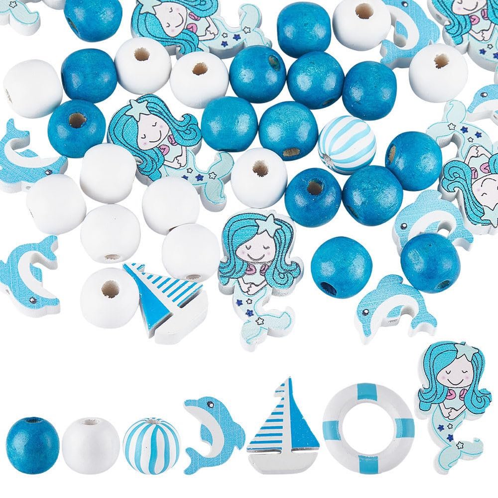 SUNNYCLUE 7-Style 100-Piece Nautical Wooden Bead Set, 16 mm