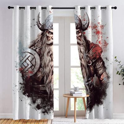 Viking Blackout Curtains, Set of 2, Nordic Mythology Pattern, 175 x 140 cm