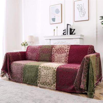 XHDZSW Chenille Throw Blanket, Bohemian Jacquard Tassel Reversible Sofa Cover, Green/Red, 4-Seater