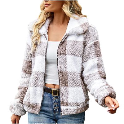 CABULE Long-Sleeve Lapel Street-Style Plaid Garment with Horn Buttons, Gray, S