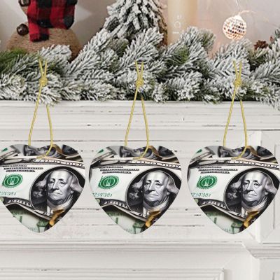 Personalized Ceramic Christmas Heart Ornament with Banknote Pattern