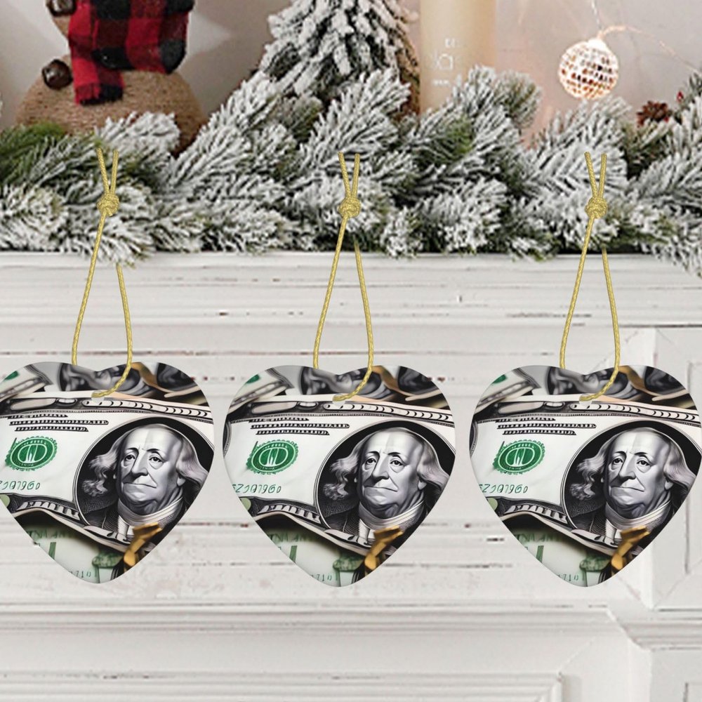 Personalized Ceramic Christmas Heart Ornament with Banknote Pattern
