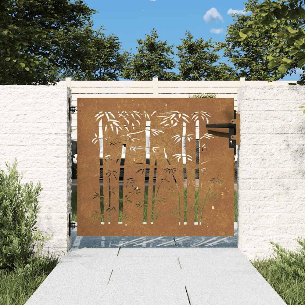 Homgoday Garden Gate 85 x 75 cm, Corten Steel, Bamboo Design