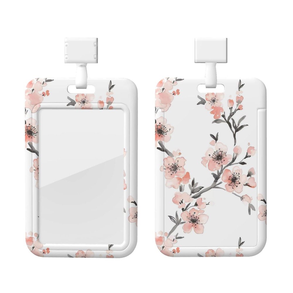 Vertical Badge Holder, Light Coral Cherry Blossom Print, with Breakaway Lanyard