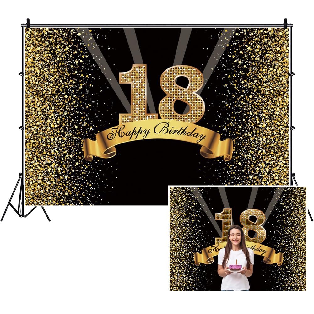 SDOTPMT 10x8 ft Black and Gold 18th Birthday Party Polyester Photography Backdrop