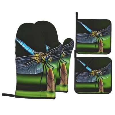 Oven Mitts and Pot Holders, Dragonfly Design, 4-Piece Set