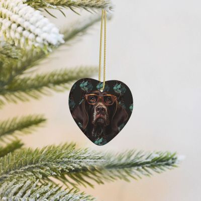 Christmas Tree Ceramic Ornament, German Shorthaired Pointer in Glasses, Heart Design
