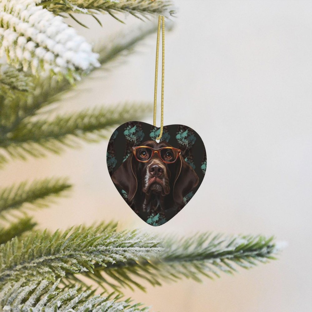 Christmas Tree Ceramic Ornament, German Shorthaired Pointer in Glasses, Heart Design