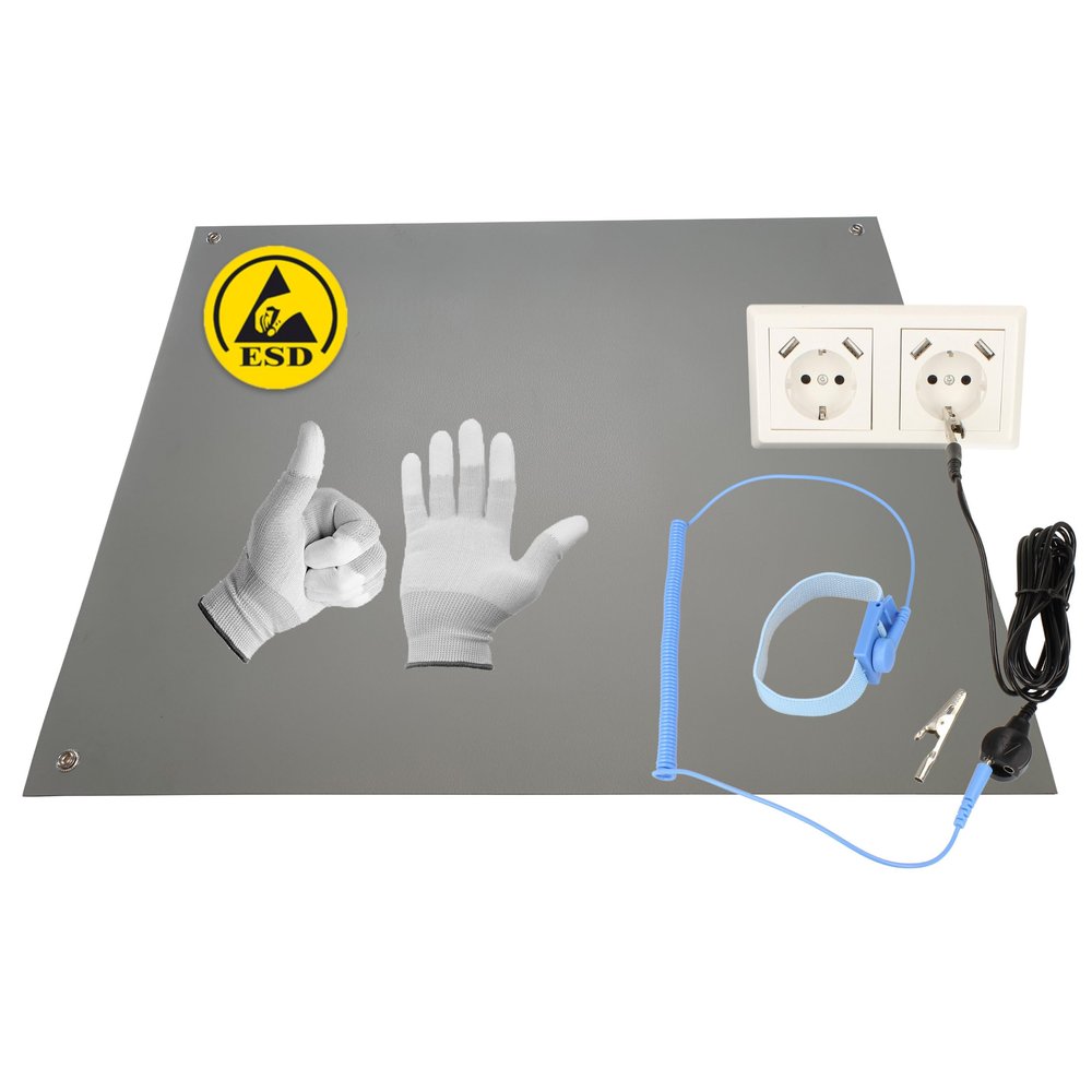 Minadax 80 x 60 cm Gray Anti-Static ESD Computer Mat with Wrist Strap, 2.4 m Extension and ESD Gloves GR-L
