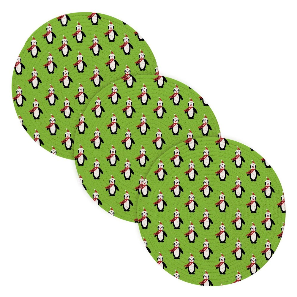 3-Pack Green Christmas Penguin Non-Slip Trivets, 15-Inch Cotton-Woven Hot Pot Holders