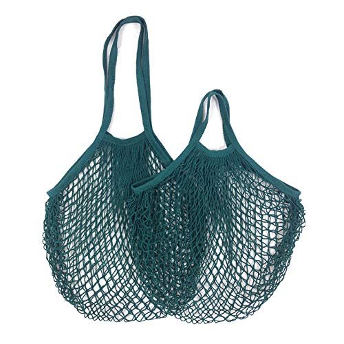 6-Pack Cotton Mesh Shopping Bags with Long Handles, 2 Sizes, Dark Green