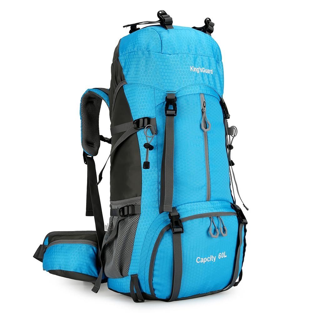 King'sGuard 60L Waterproof Lightweight Hiking Backpack with Rain Cover and Shoe Compartment, Light Blue