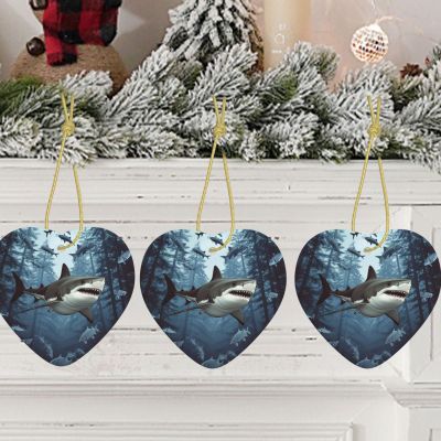 Funny Sharks Design Ceramic Christmas Heart Ornament
