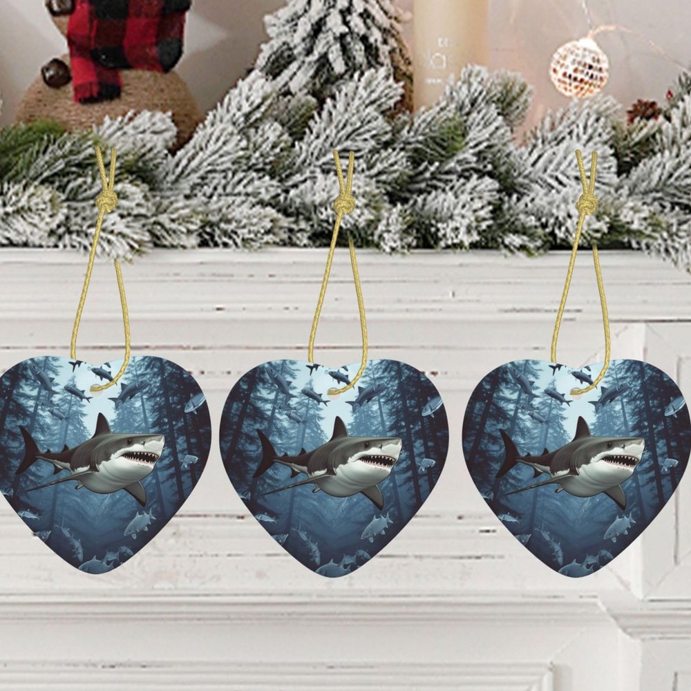 Funny Sharks Design Ceramic Christmas Heart Ornament