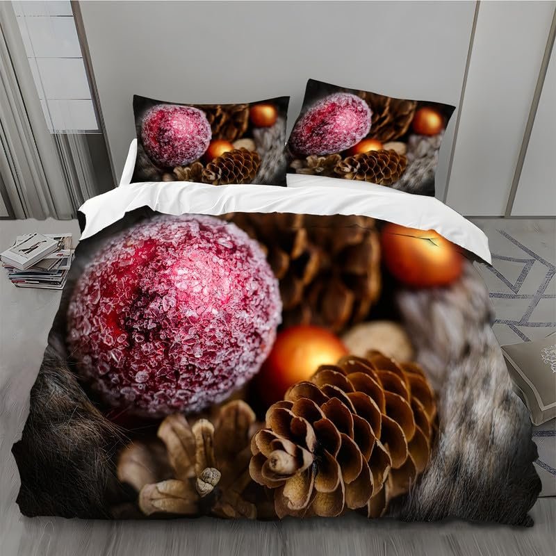 MLUNKQAIL Duvet Cover Set 200 x 220 cm, Pine Cone Winter Design, Wrinkle-Free Polyester, 2 Pillowcases